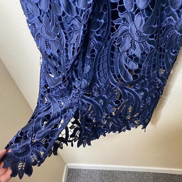 Bardot Floral Lace Halter Navy Blue Pencil Sheath Dress Cocktail Formal Size 4 - Picture 8 of 12